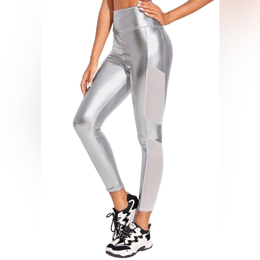 SECNDNTURE mesh side panel stretch leggings women Size XS silver/white